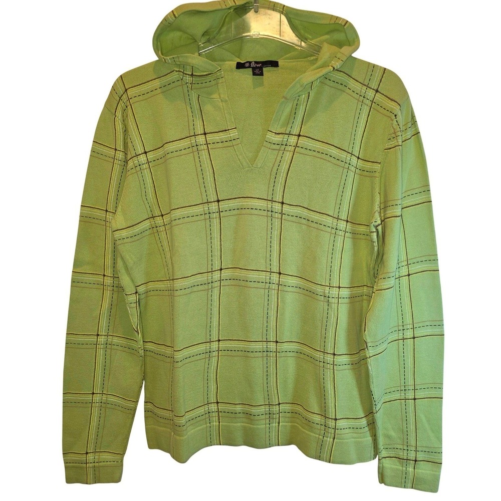 VTG Neve Designs Hoodie Sweater Pullover Womens Large Light Green Plaid V-Neck